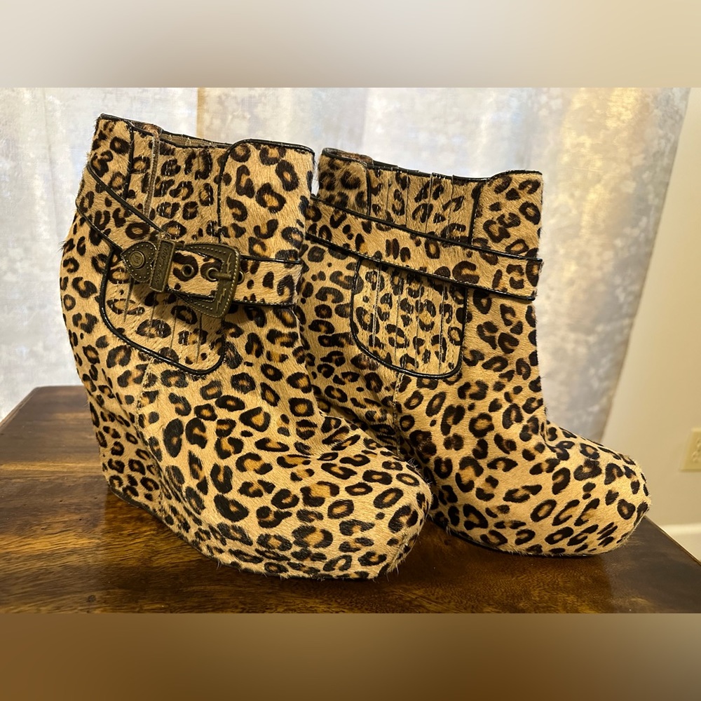 Betsey Johnson Tall Wedge Pony Hair Leather Leopard Booties Over Ankle Boots